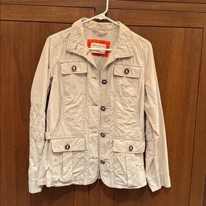 Eddie Bauer cotton canvas tan safari shirt jacket Orange trim women’s S